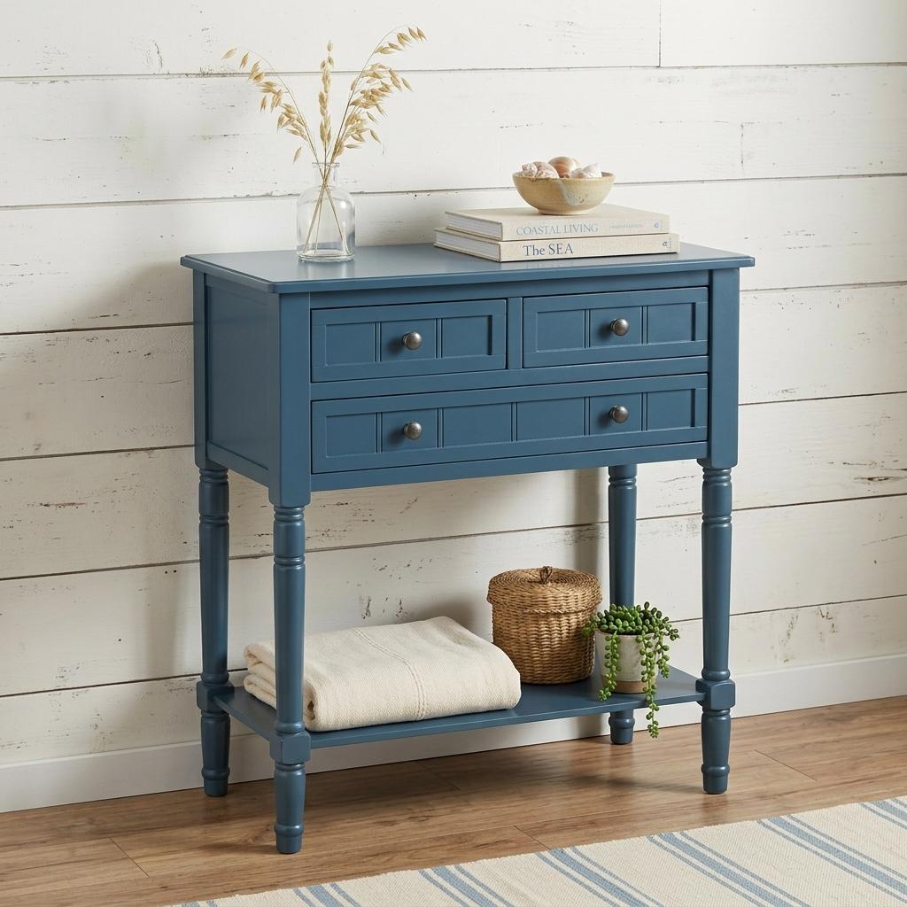 738133 24 in. Blue Solid Wood Distressed Console Table with Shelf & Three Drawers