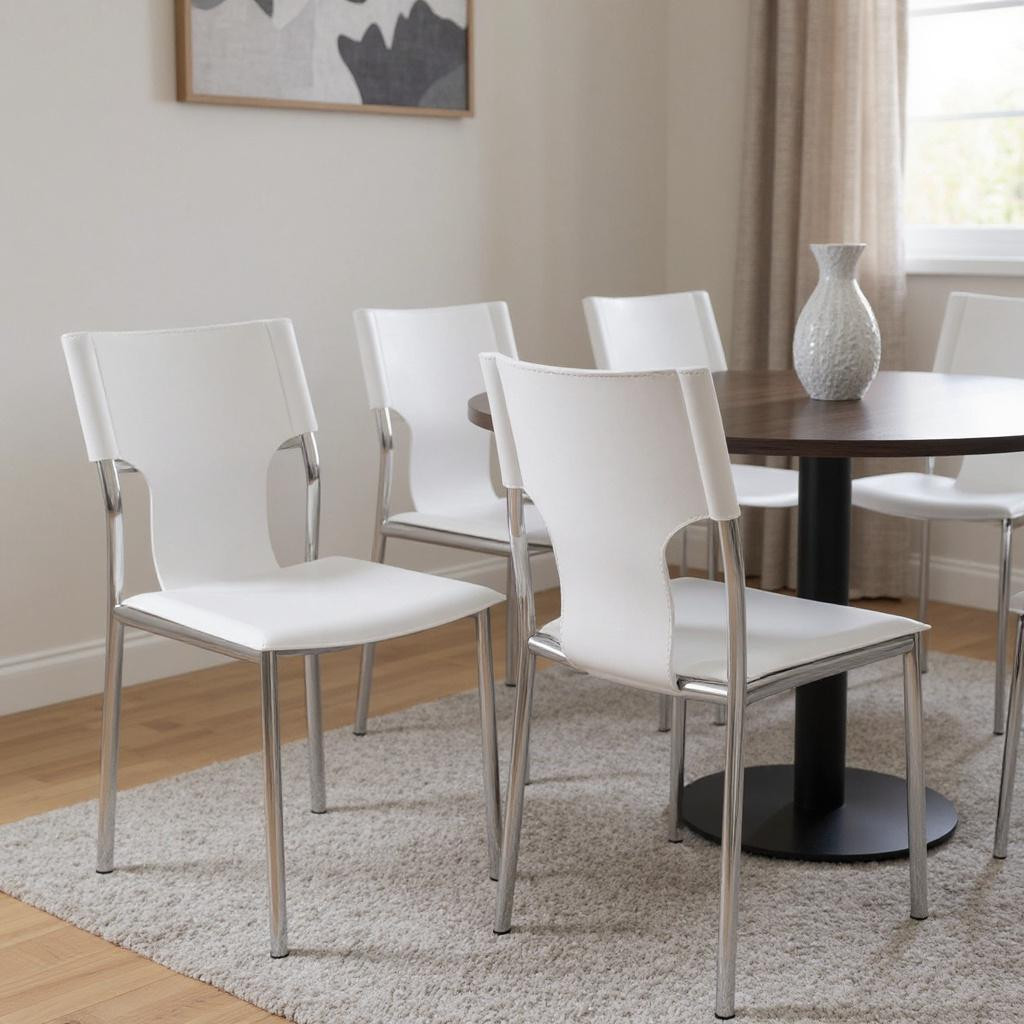 553902 White & Silver Metal & Leather Dining Side Chairs - Set of 4