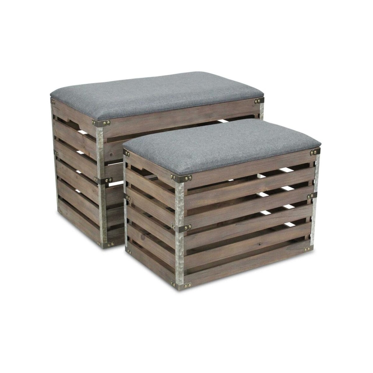 379836 Rectangular Gray Linen Fabric & Wood Slats Storage Benches, Set of 2 -  HomeRoots