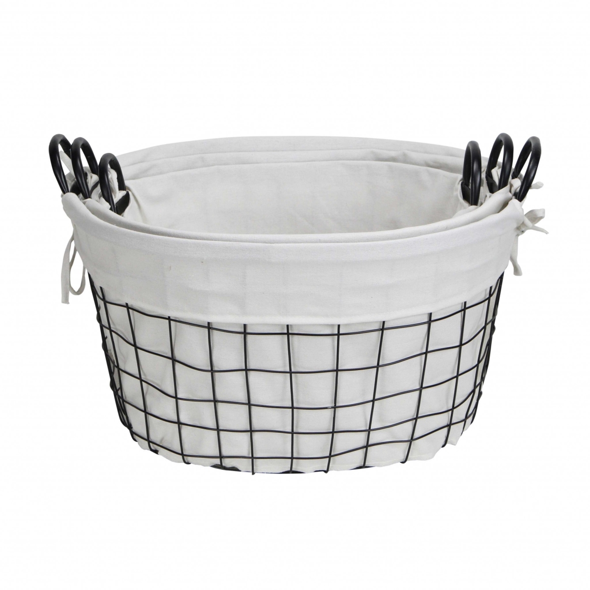 Oval White Lined & Metal Wire Basket with Handle - Set of 3