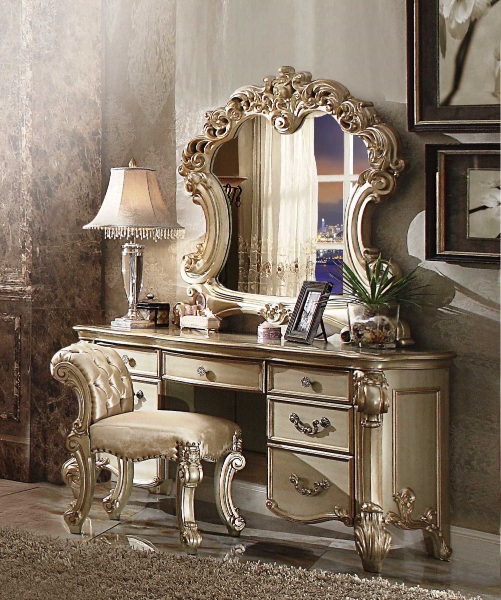 376993 63 in. Elaborate Carved Desk Vanity Dressing Table with 7 Drawers, Gold Patina