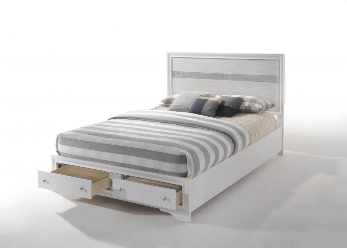 Contemporary Bed with Storage Footboard, White & Grey - Queen Size