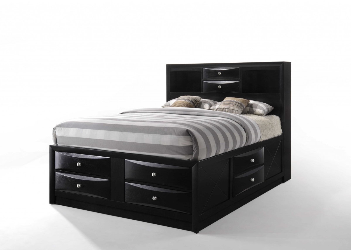 376955 Black Multi-Drawer Queen Bed with Bookcase Headboard
