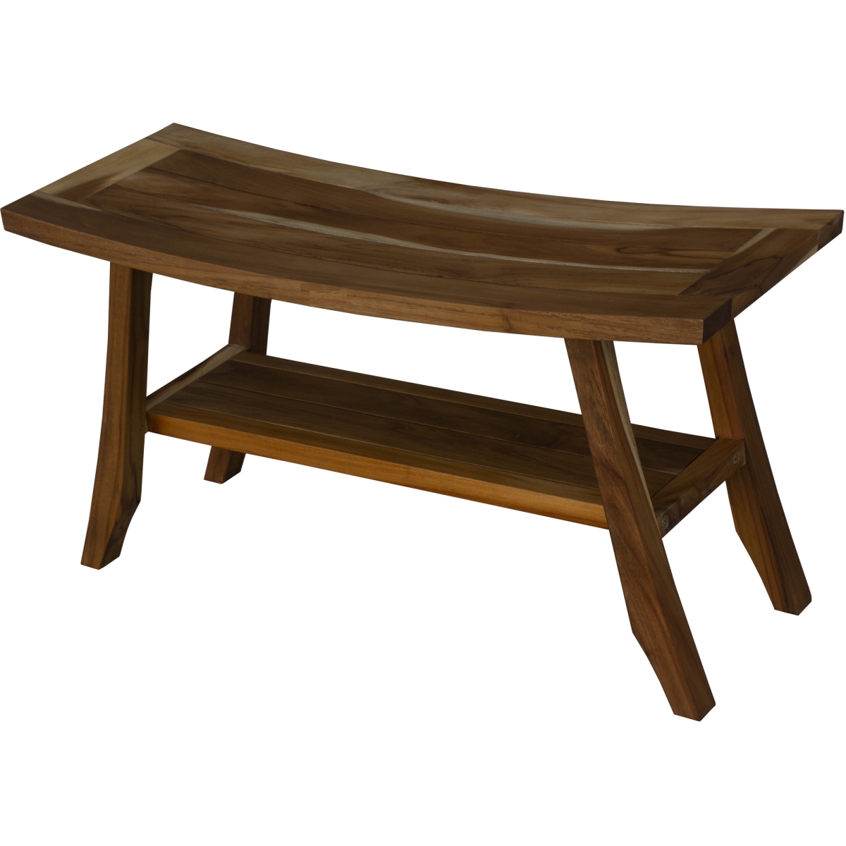 Picture of HomeRoots 376739 Compact Curvilinear Teak Shower Outdoor Bench with Shelf in Natural Finish