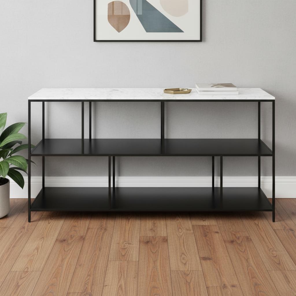 668881 54 in. White & Black Genuine Marble & Steel Frame Console Table with Two Shelves