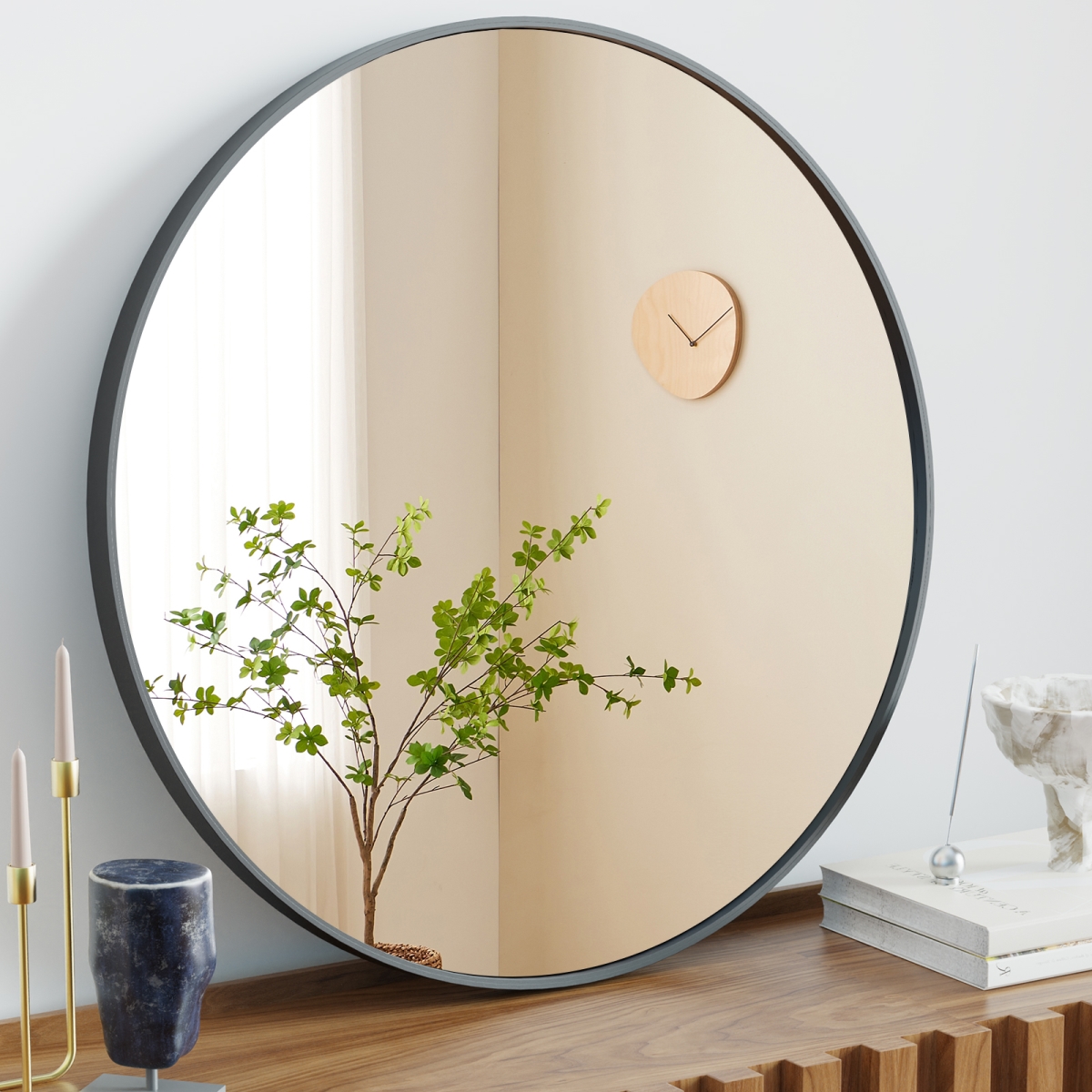 723716 30 in. Black Aluminum Round Framed Accent Mirror