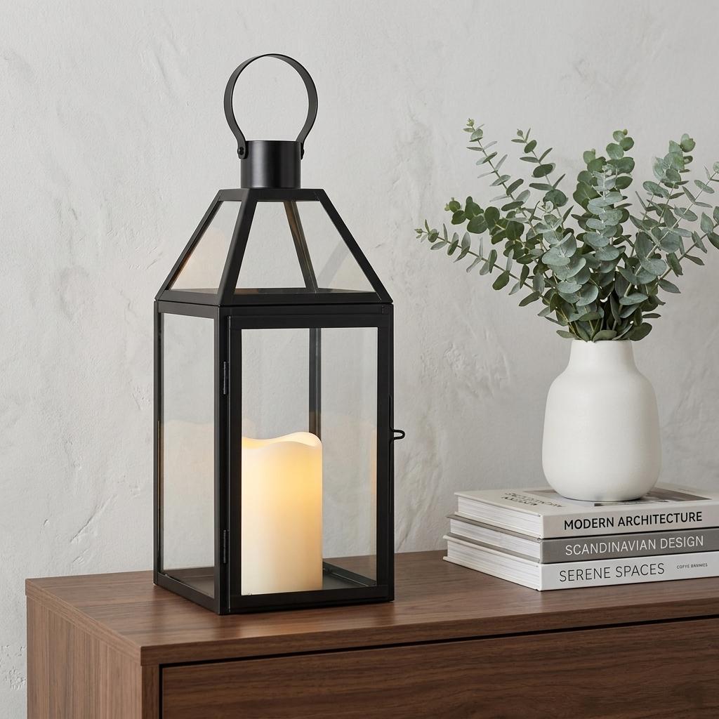 731434 16 in. Black & Clear Glass & Metal Tabletop Lantern Candle Holder
