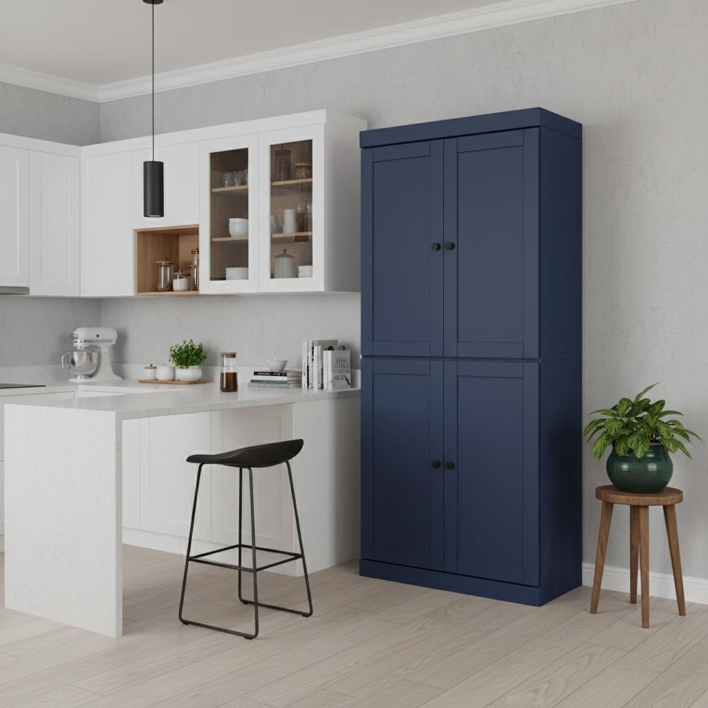 722612 Navy Blue Solid Wood Four Door Pantry or Storage Closet, 72 in.