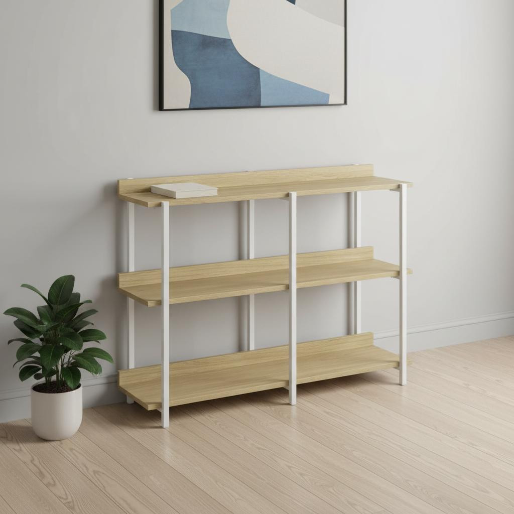 489737 47 in. Natural & White Wood & Metal Frame Console Table with Three Shelves
