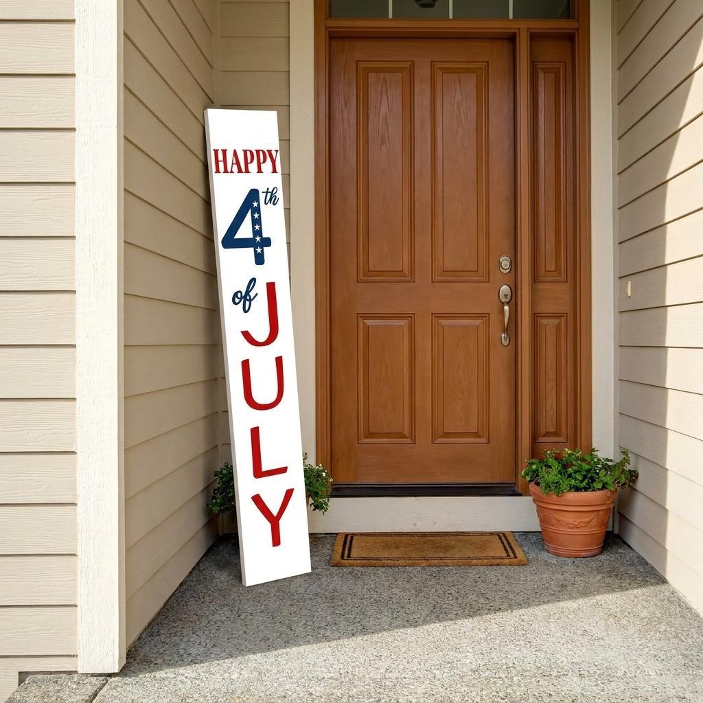 748973 59 in. Red, White & Blue Solid Wood Happy July 4th Porch Sign