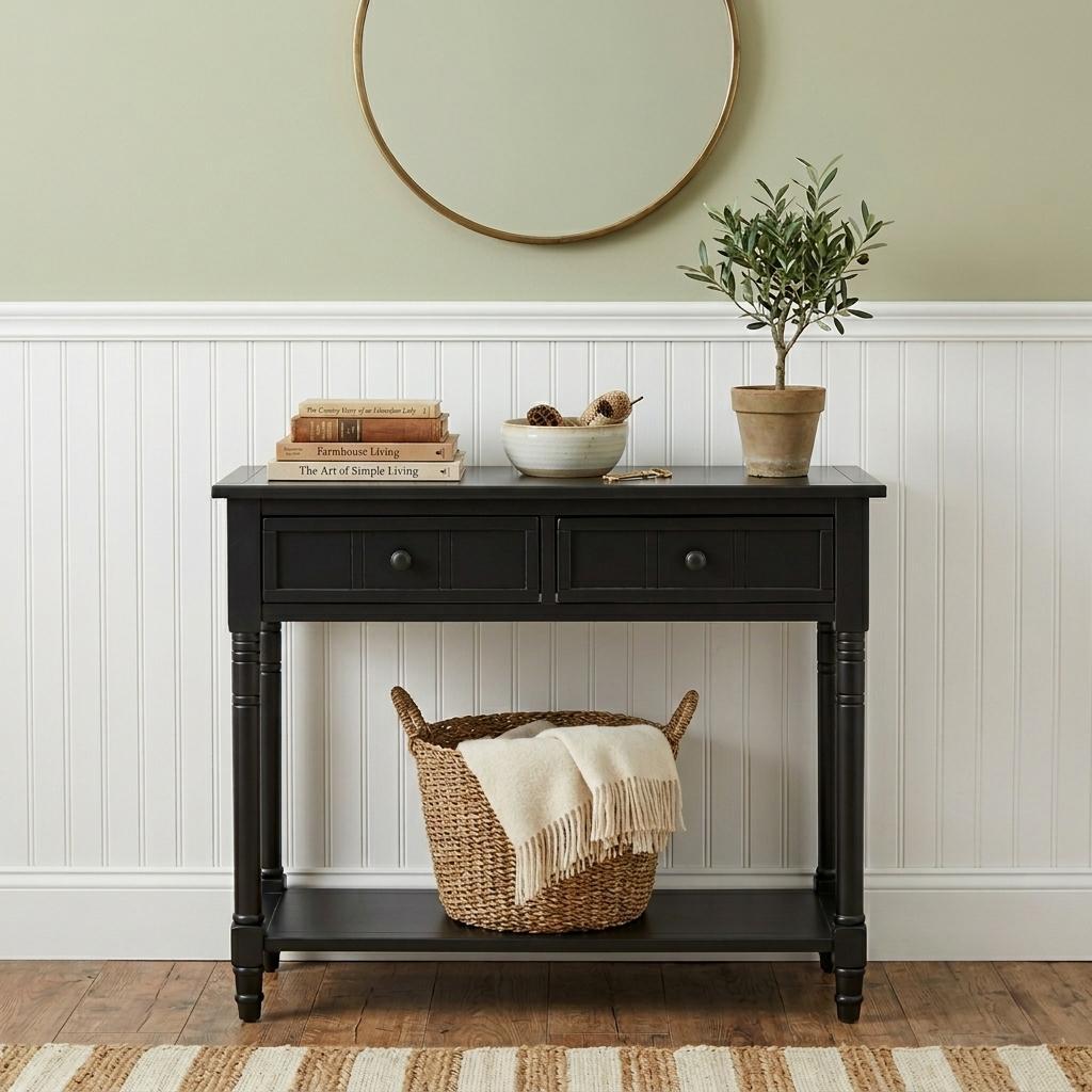 738127 36 in. Black Solid Wood Console Table with Shelf & Two Drawers