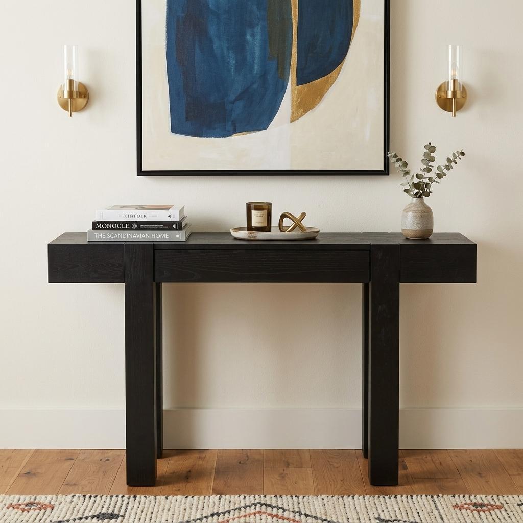 738121 47 in. Black Wood Console Table with USB & Drawer