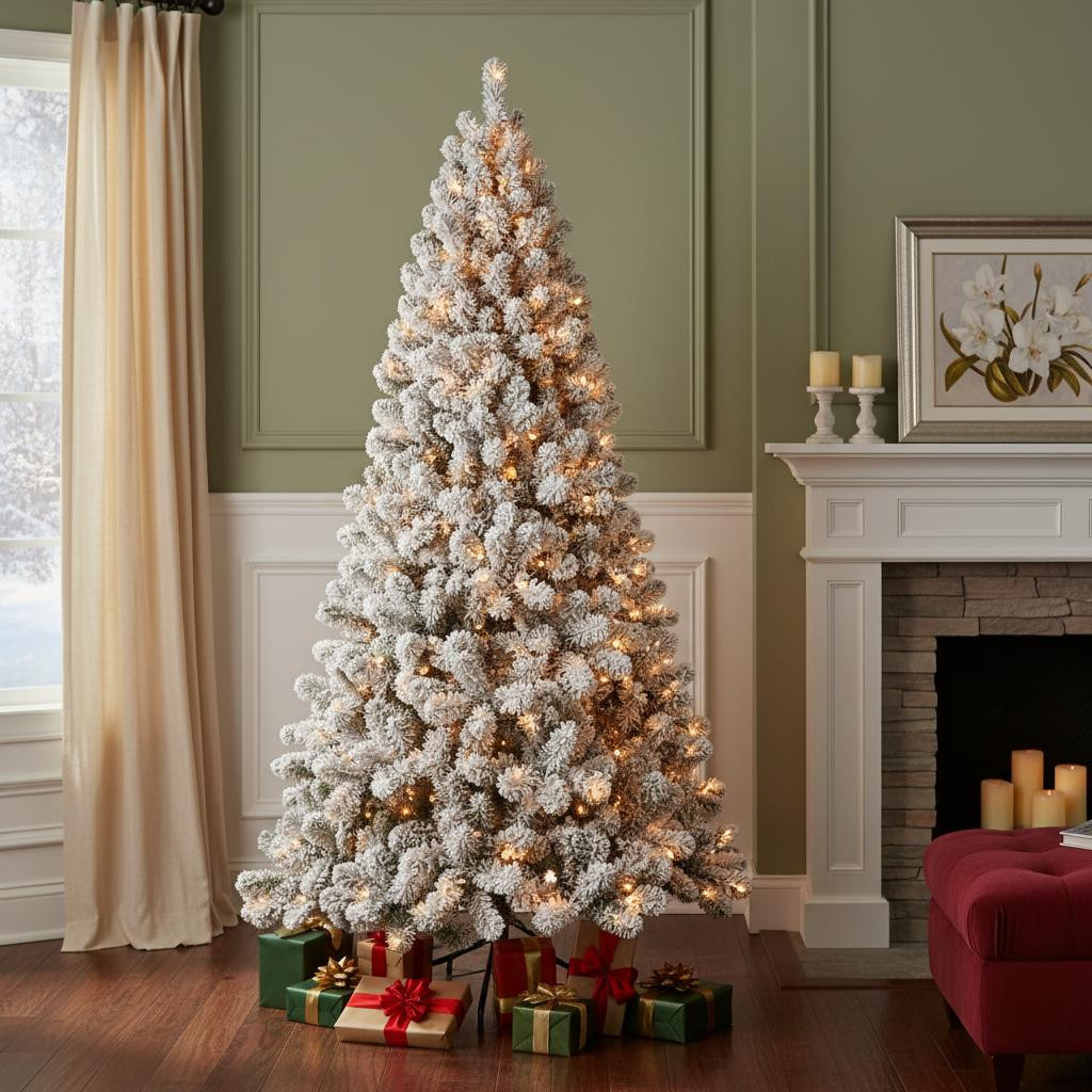 709821 Pre Lit Full Flocked Spruce Christmas Tree - 9 ft.