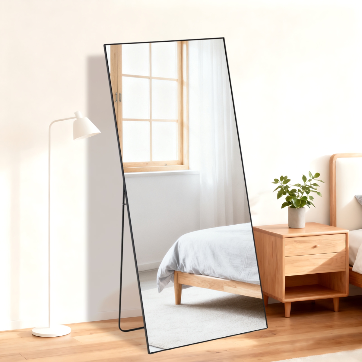 723694 67 in. Black Aluminum Freestanding & Wall Mounted Framed Full Length Mirror