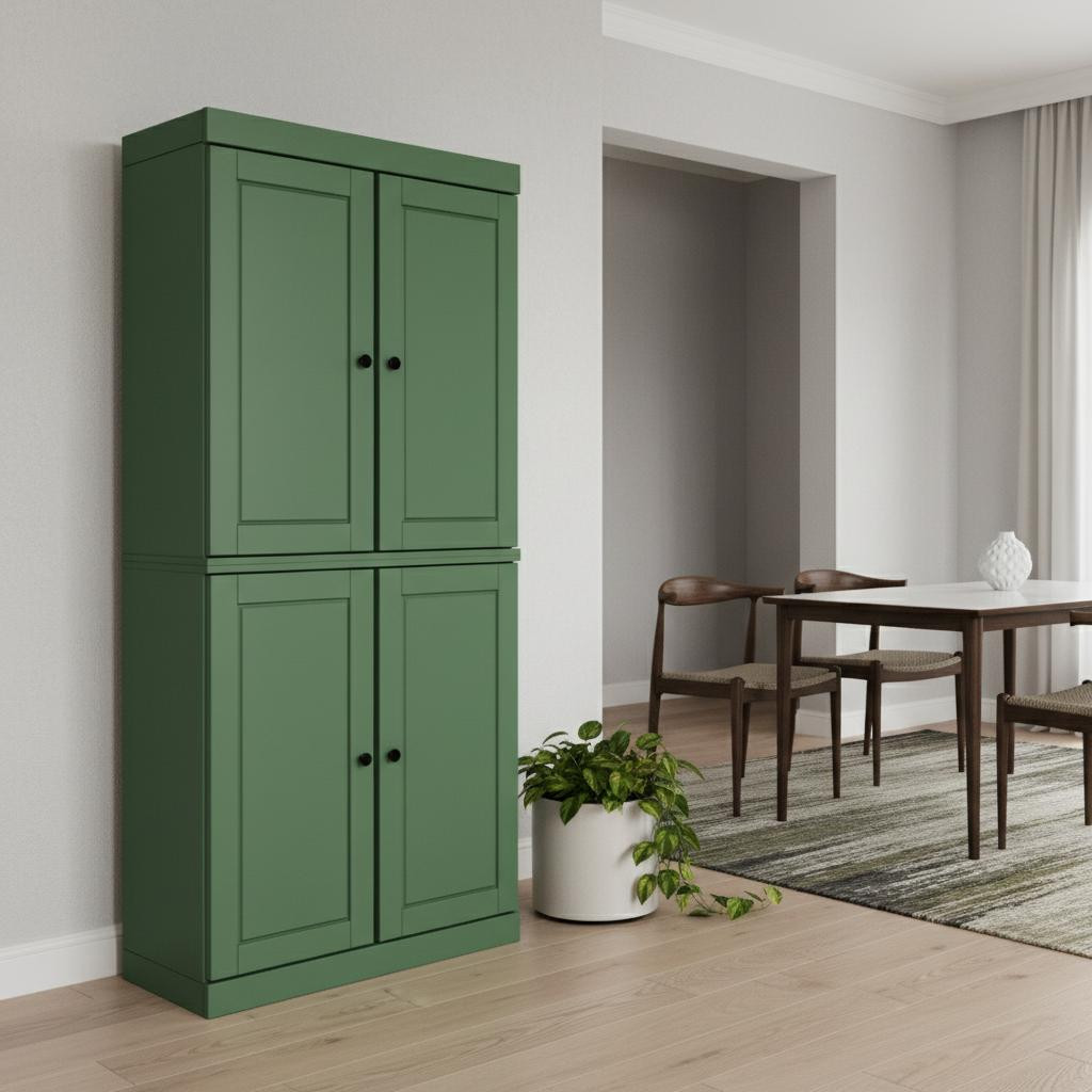 722597 72 in. Green Solid Wood Four Door Pantry or Storage Closet