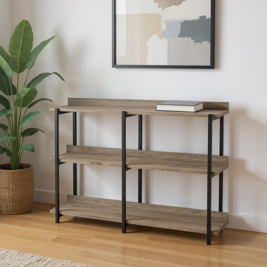 489739 47 in. Taupe & Black Wood & Metal Frame Console Table with Three Shelves