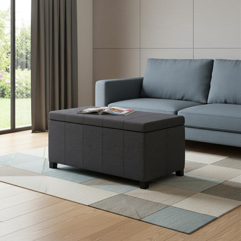 640168 36 in. Slate Gray & Dark Brown Faux Linen & Solid Wood Upholstered Storage Bench with Flip Top