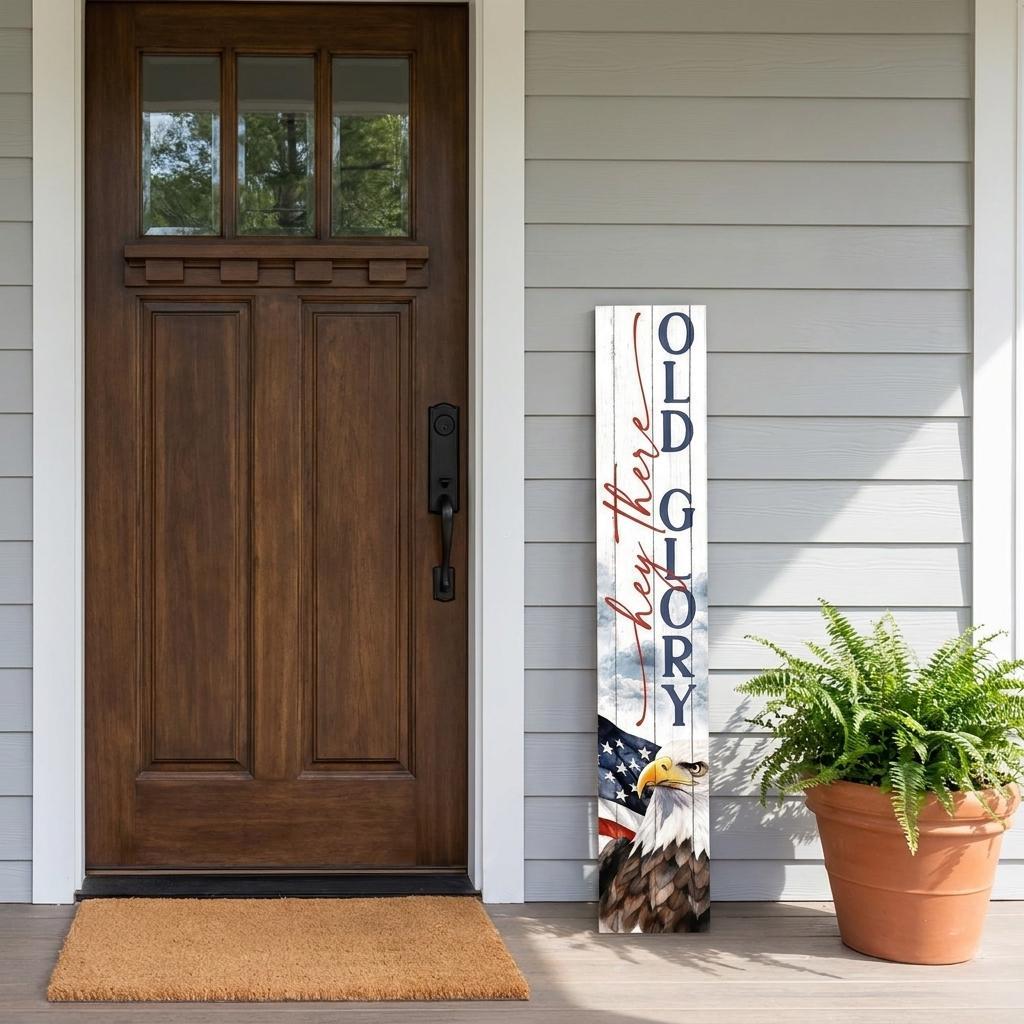 754378 46 in. Red, White & Blue Solid Wood Old Glory Porch Sign