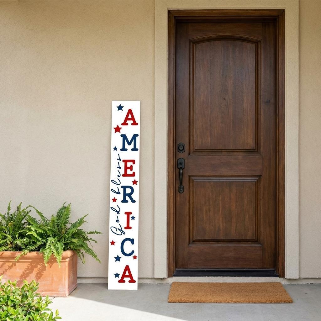 748976 47 in. Red, White & Blue Solid Wood God Bless America Porch Sign
