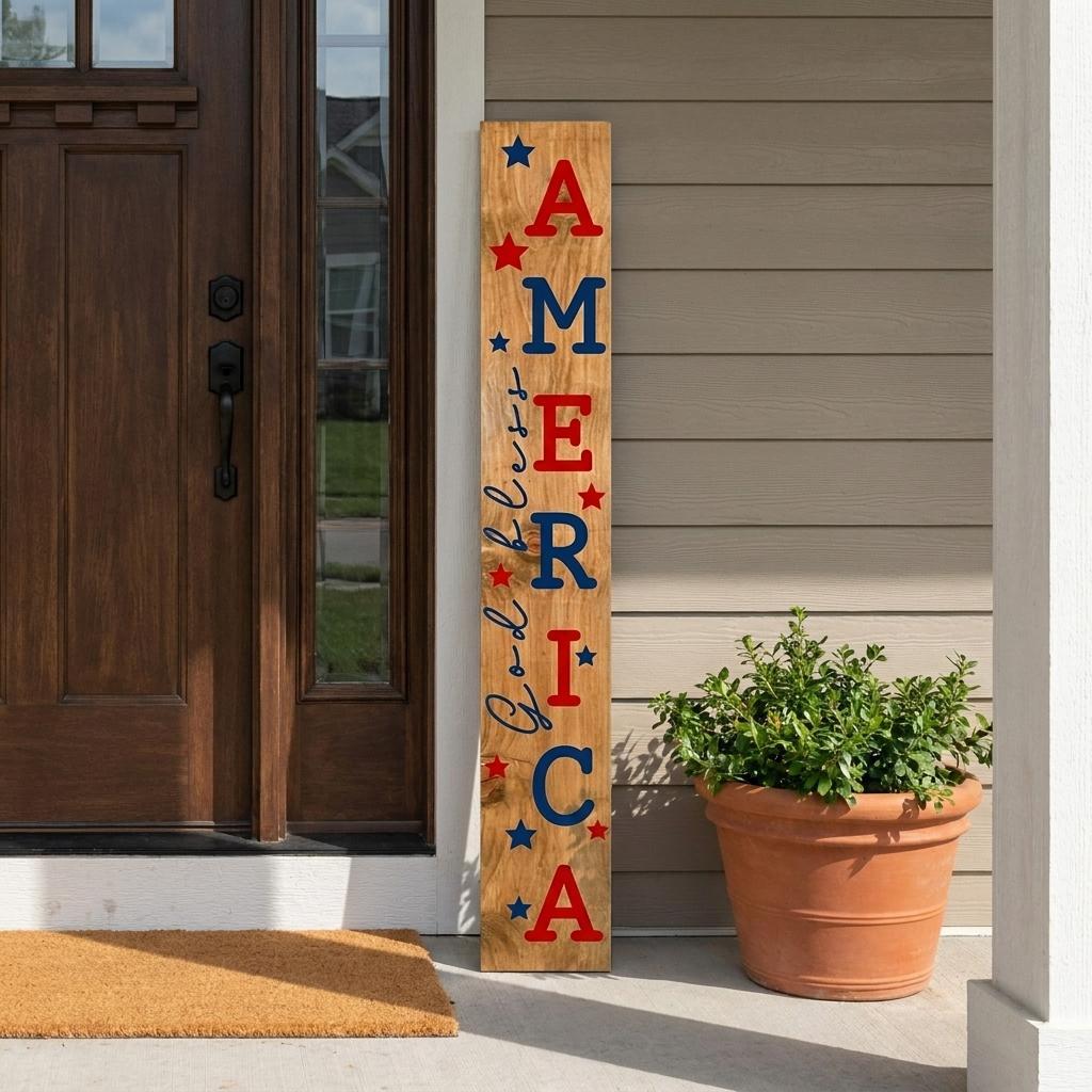 748979 59 in. Natural - Red & Blue Solid Wood God Bless America Porch Sign