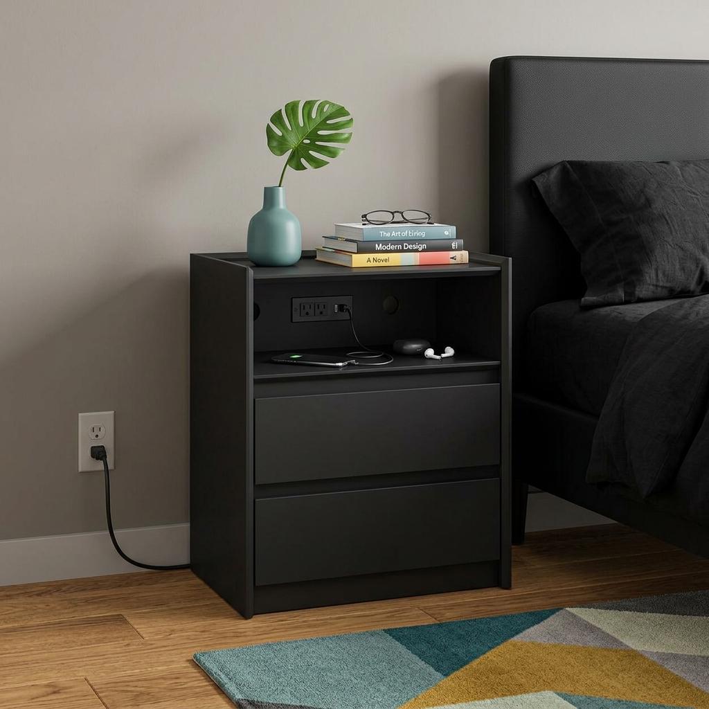 746971 24 in. Matte Black Wood Two Drawer Nightstand with USB Port & Integrated Tech