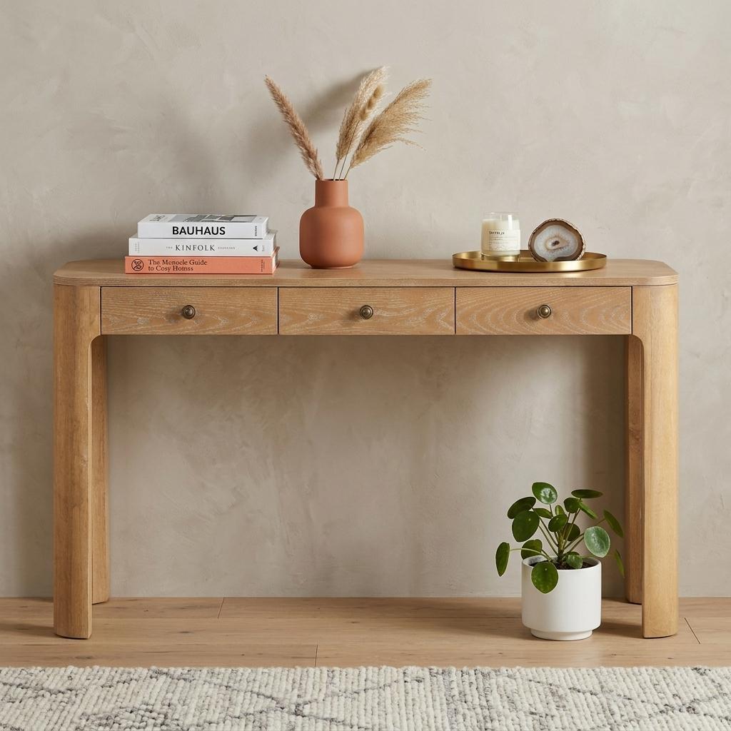 738125 52 in. Natural Wood Console Table with Three Drawers