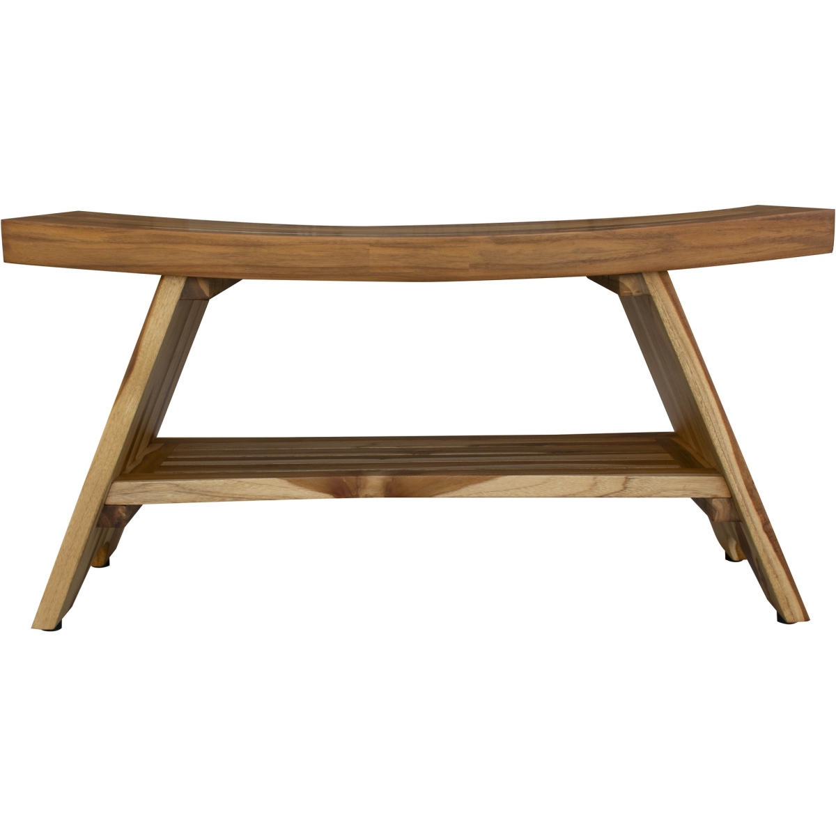 Compact Curvilinear Teak Shower Outdoor Bench with Shelf - Natural Finish