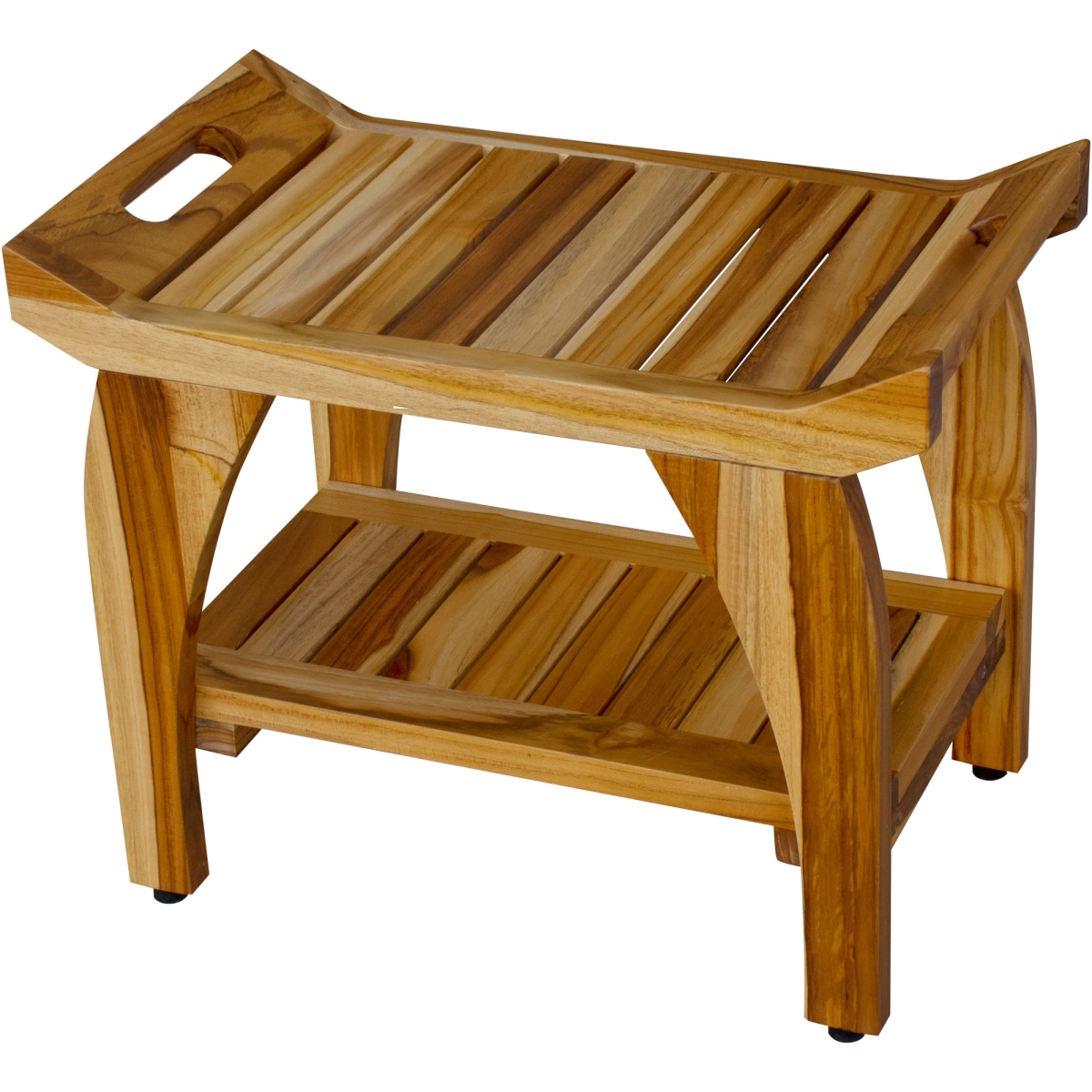 24 in. Compact Rectangular Teak Shower Bench with Handles, Natural Color