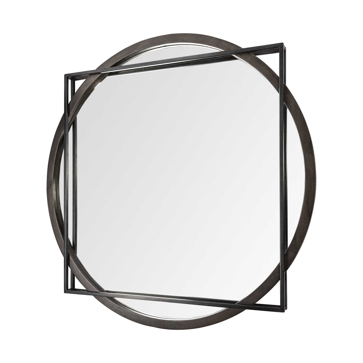 46 in. Round & Square Black Wood & Metal Frame Wall Mirror