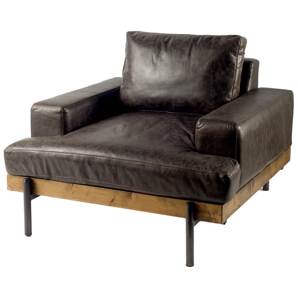 Dark Brown Moroccan Leather Wide Accent Chair with Wood & Black Iron Base