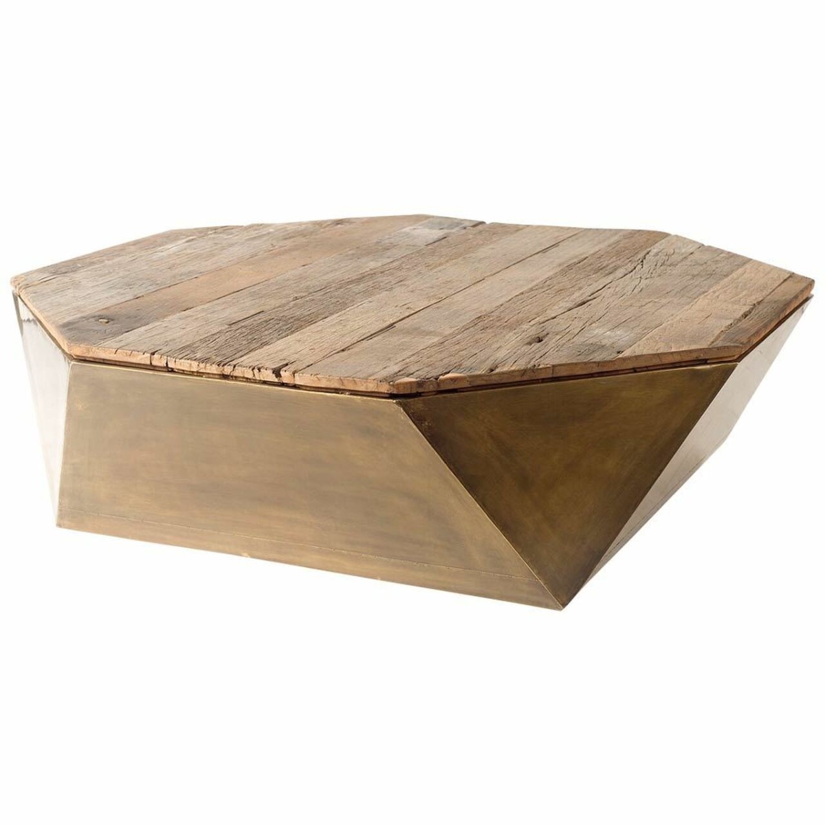 Hexagon Hinged Solid Wood Brass Metal Coffee Table with Storage, Light Brown