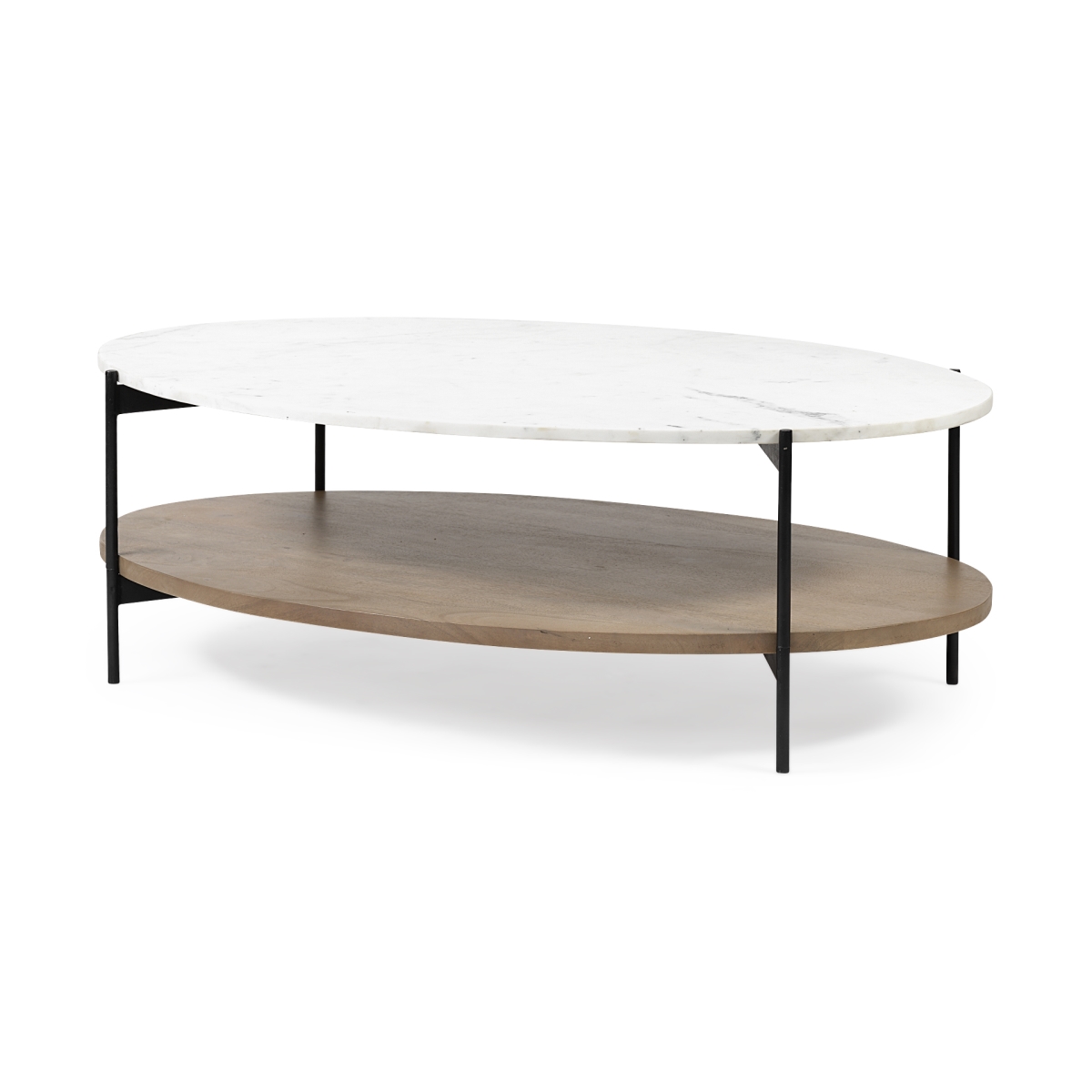 Oval White Marble Top & Black Metal Base Coffee Table with Wood Shelf