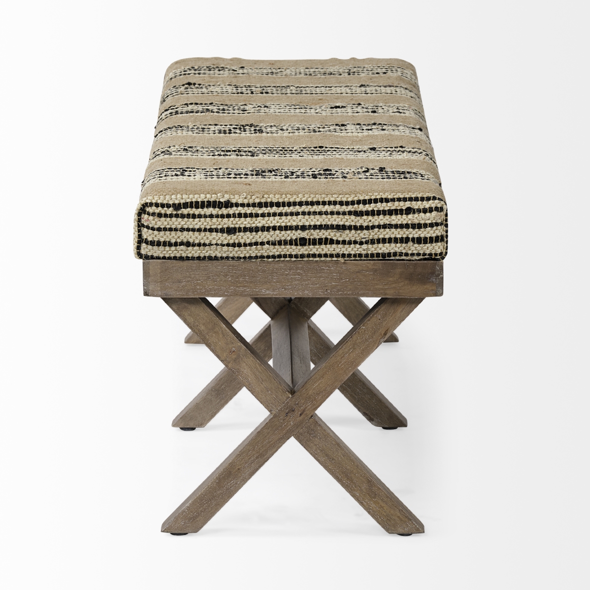 376185 Rectangular Mango Wood & Medium Brown Base with Upholstered Beige & Black Stripe Seat Accent Bench