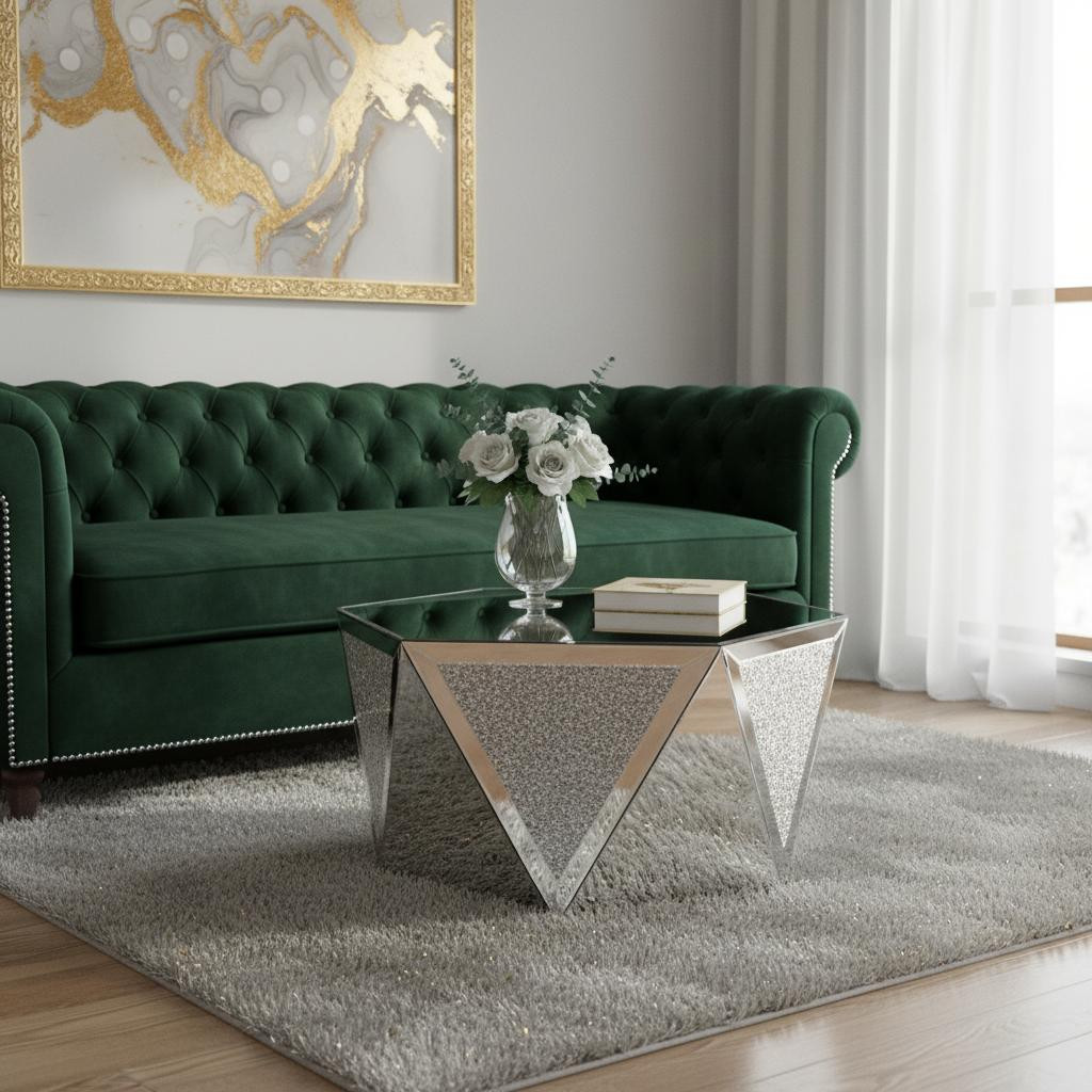 568898 32 in. Silver Mirrored Glass & Faux Crystal Hexagon Drum Coffee Table
