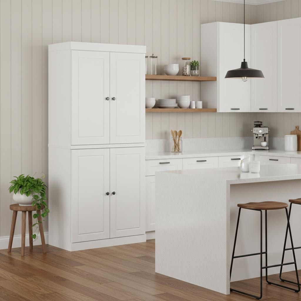 722614 72 in. White Solid Wood Four Door Two Drawer Pantry or Storage Closet