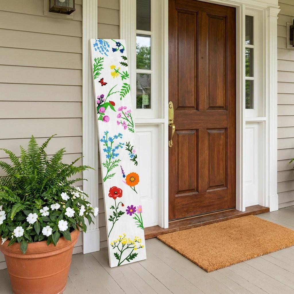 748943 59 in. White, Blue & Green Solid Wood Floral Bouquet Porch Sign