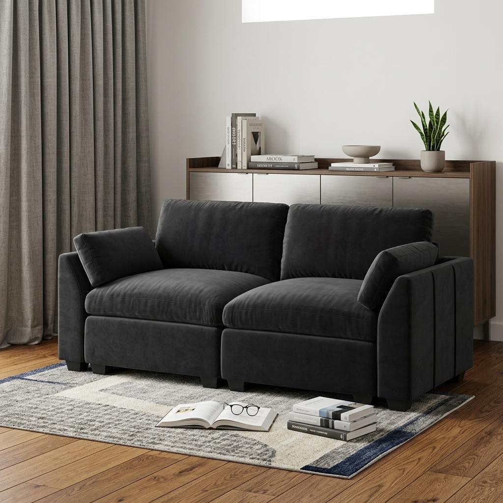 740788 75 in. Black Velvet Modular Loveseat