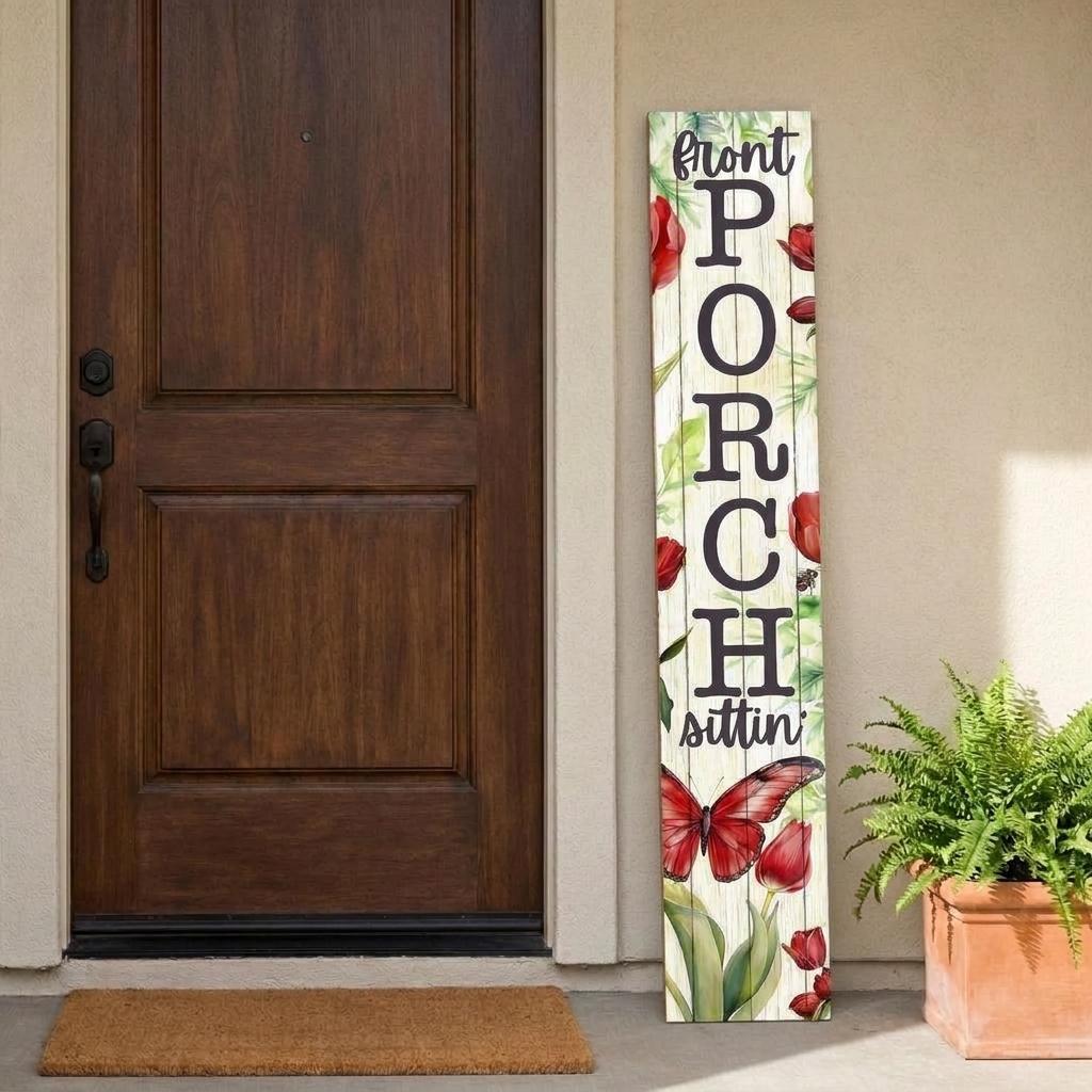 754379 46 in. White Green & Red Solid Wood Front Sitting Butterfly Porch Sign