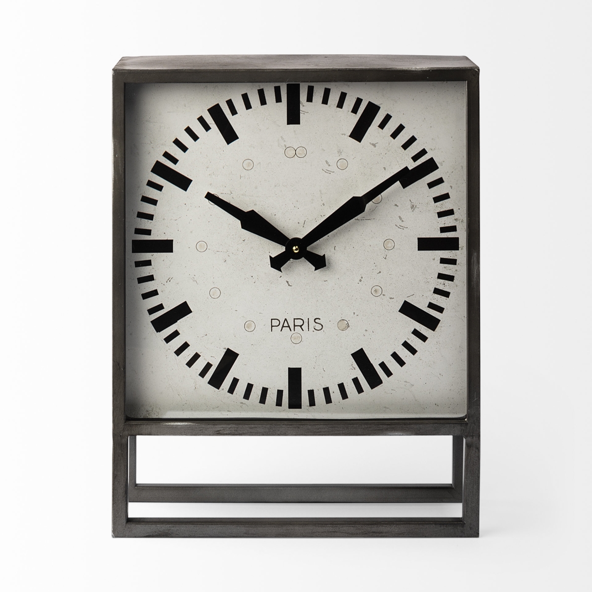 Square Grey Metal Desk Table Clock with Simple White & Black face