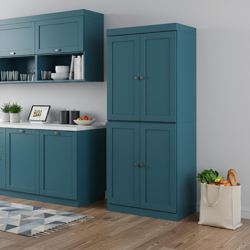 722606 Teal & Blue Solid Wood Four Door Pantry or Storage Closet - 72 in.