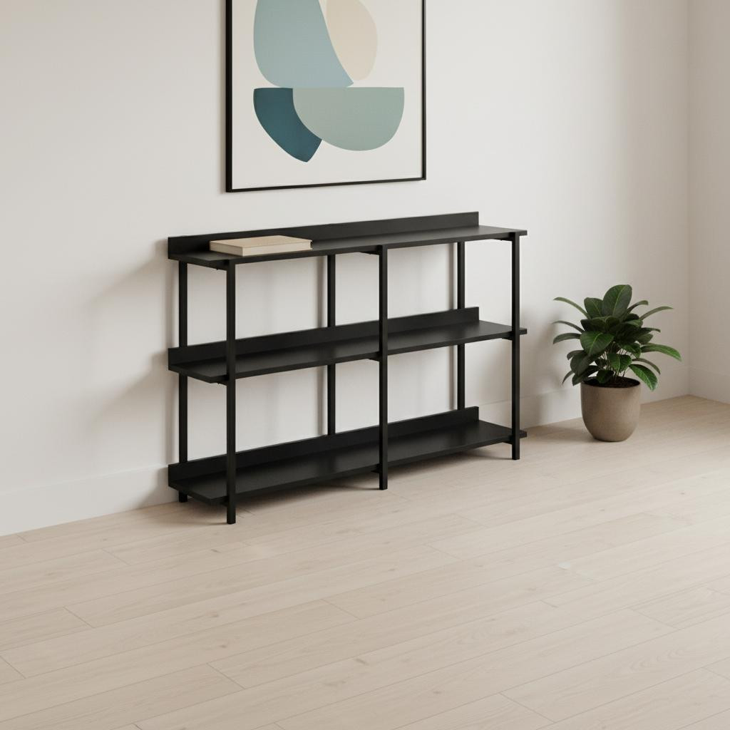 489734 47 in. Black Wood & Metal Frame Console Table with Three Shelves