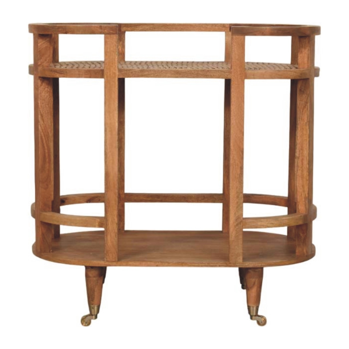 719162 35 in. Golden Brown Rattan & Solid Wood Oval Wheel Console Table with Shelf