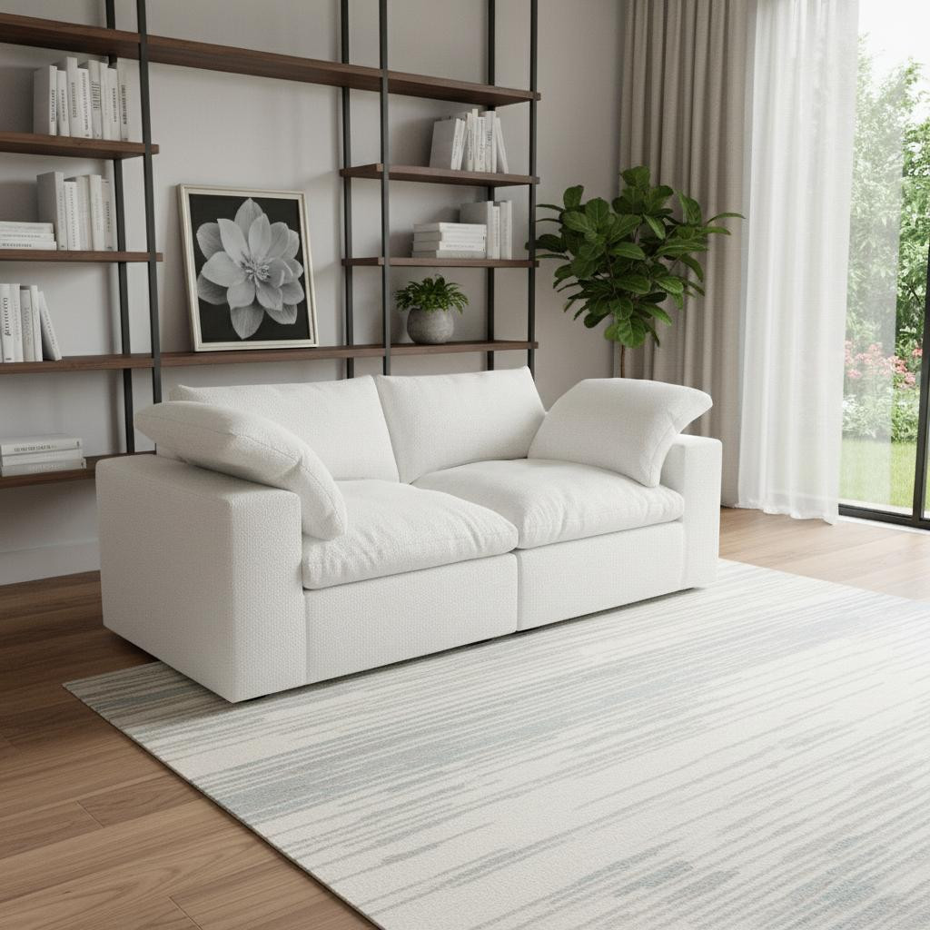 714567 80 in. White Linen Blend Modular Loveseat & Toss Pillows