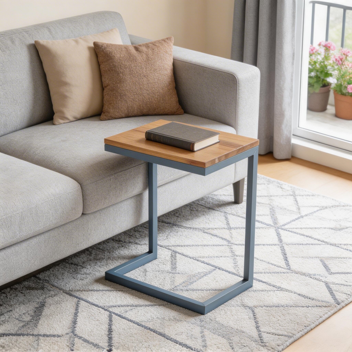 727053 26 in. Natural & Blue Wood & Iron End Table