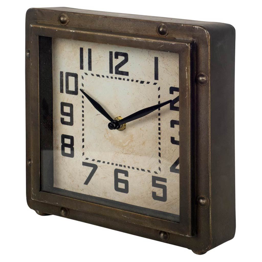 376223 Square Bronze Toned Metal Desk & Table Clock with Traditional Black Numbers & Hands