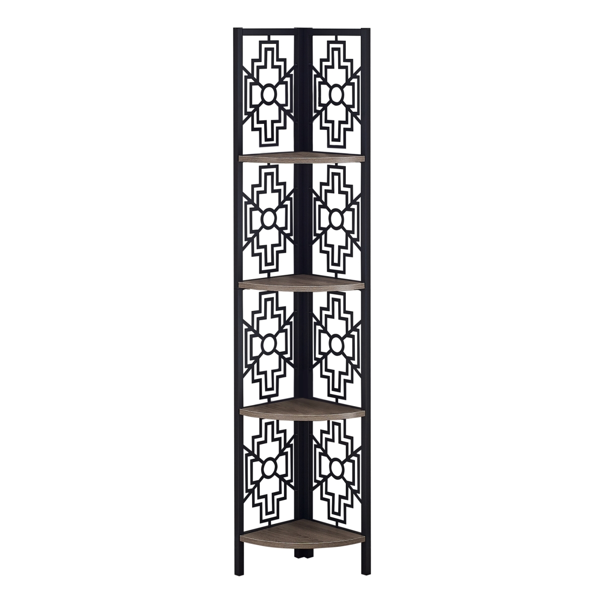 62 in. Bookcase with 4 Solid Taupe Shelves & Black Metal Corner Etagere