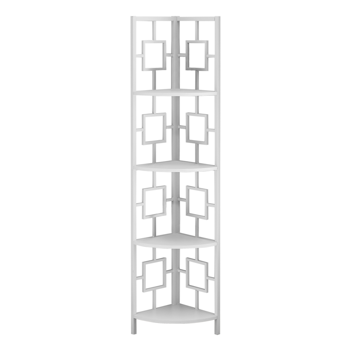 62 in. Bookcase White & White Metal Corner Etagere with 4 Shelves