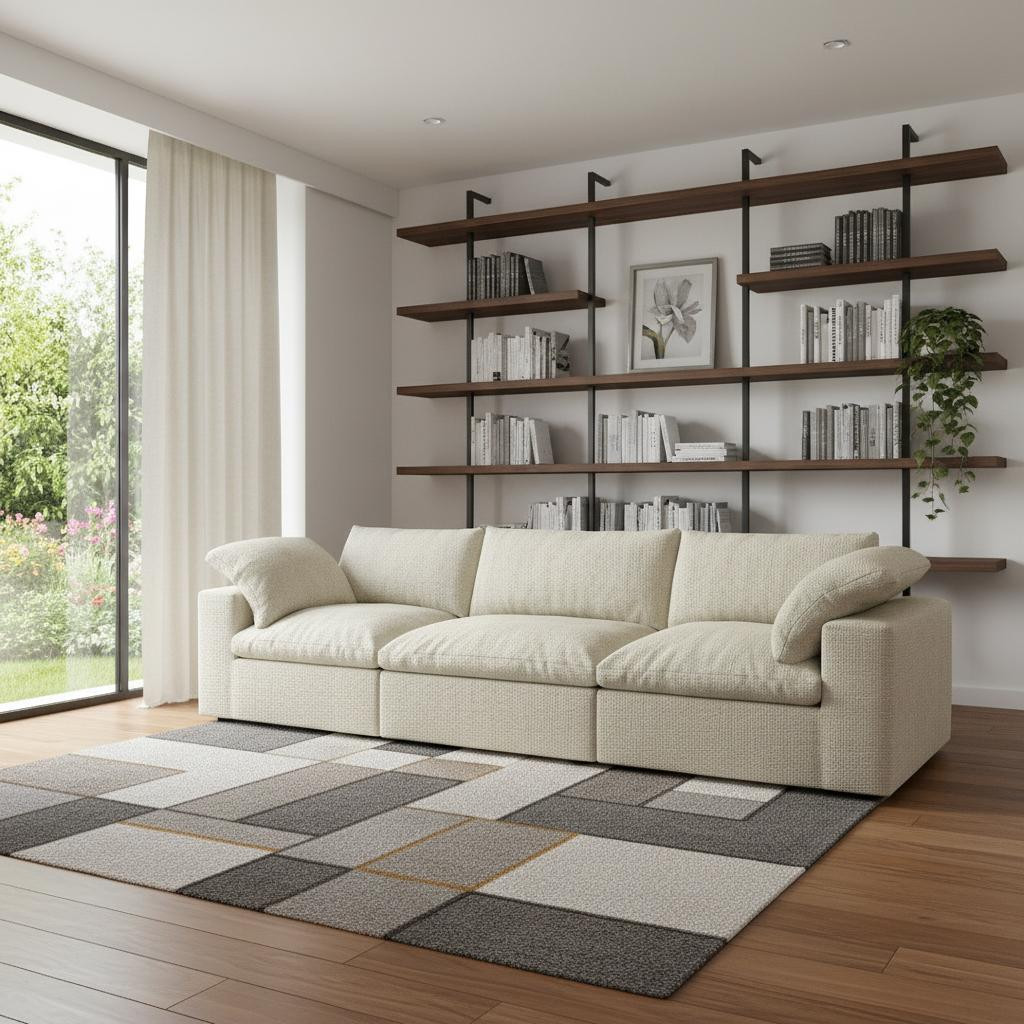 714575 120 in. Khaki Linen Blend Modular Sofa with Toss Pillows