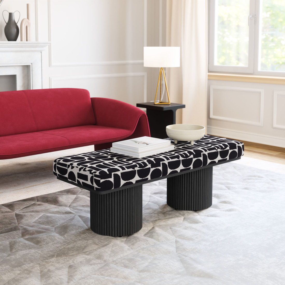 668858 49 in. Black & White Geometric Fabric & Solid Wood Upholstered Bench