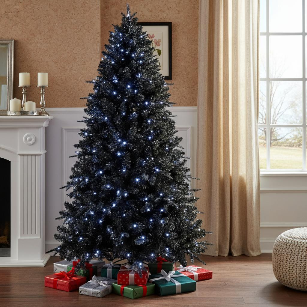 696949 7.5 ft. Black Pre Lit Full Spruce Christmas Tree